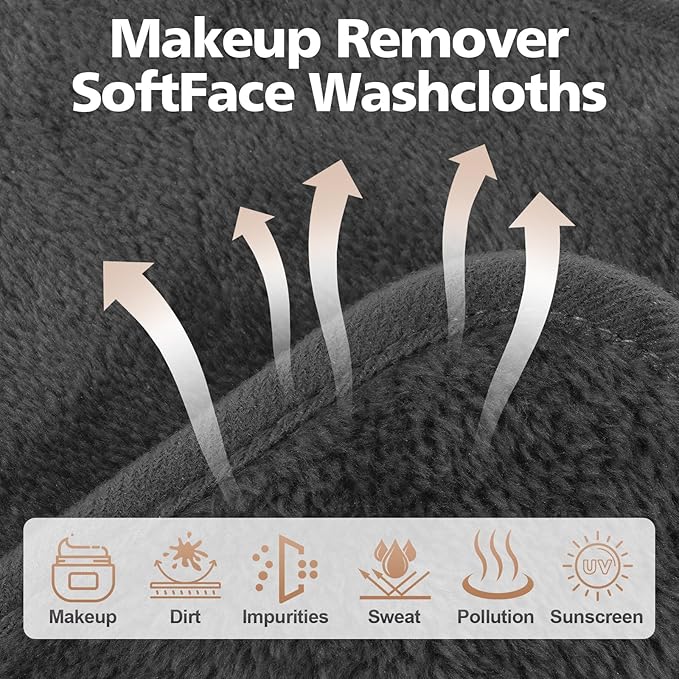 Makeup Remover Cloth, 6 x 6 Inch Ultra Soft and Reusable Microfiber Makeup Remover Towels for All Skin Types, Remove Instantly Dirt with Just Water, 12 Pack, Grey