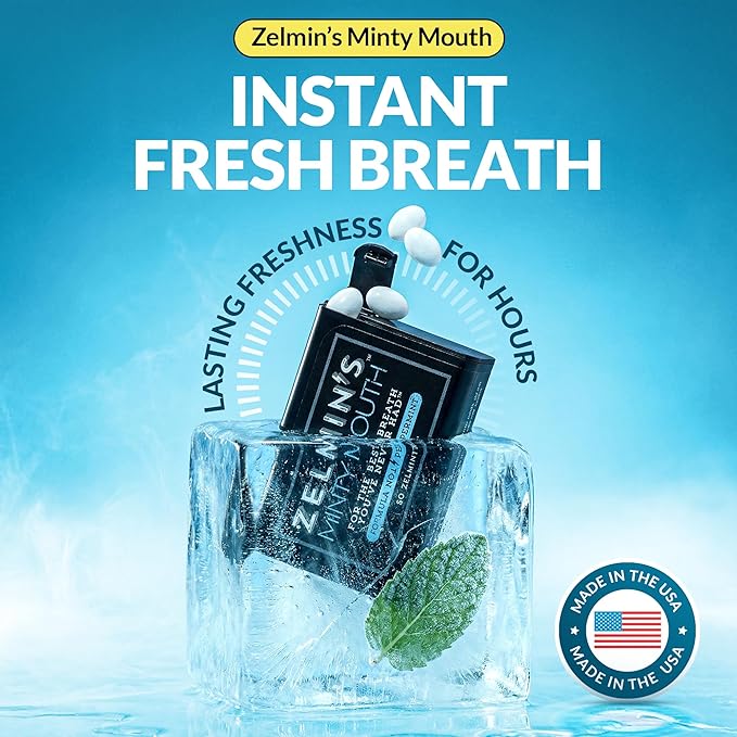 Zelmin's Minty Mouth Breath Freshener - (12 Pack) Long Lasting Bad Breath Treatment for Adults, Instant Freshness Helps with Dry Mouth, Natural Breath Mints for Travel, Alcohol-Free, Keto, Gluten-Free