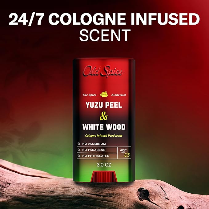 Old Spice Aluminum Free Deodorant for Men, The Spice Alchemist Collection, 24/7 Cologne Infused Scent, No Trade Off Formula, Free of Parabens & Phthalates, Yuzu Peel + White Wood Scent, 3.0 oz