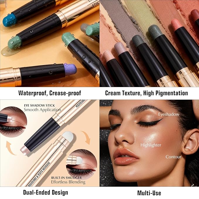 Pearl White Eyeshadow Stick - Dual-Ended Long-Lasting Shimmer Cream Eye Shadow Stick Crease-Proof Metallic Eyeshadow Pencil, Multi-Use Eye Highlighter Makeup with Built-in Smudger