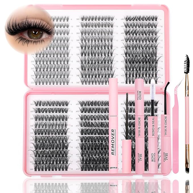 Lash Clusters Kit, 590 Pcs Eyelashes Clusters Kit 9-18mm Individual Lash Extension Kit D Curl Flufffy Wispy False Eyelashes (20D+30D+40D+50D+60D+80D, Lash Clusters Kit)