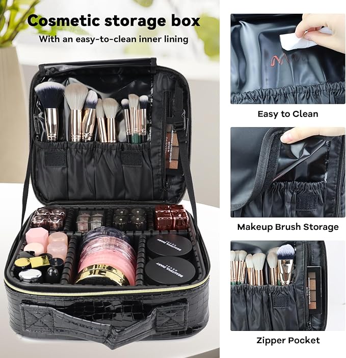SLUMAZI Travel Makeup Bag Makeup Cosmetic Train Case Organizer Portable Storage Bag with Adjustable Dividers for Cosmetics Makeup Brushes Toiletry Jewelry Black Crocodile Pattern