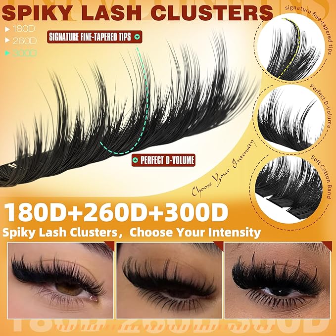 180D+260D+300D Lash Clusters with Spikes 14-22MM Thick Eyelash Clusters Mink Cluster Eyelash Extensions Volume Individual Lash Extension D-Curly Clusters Lashes Dramatic by TNFVLONEINS