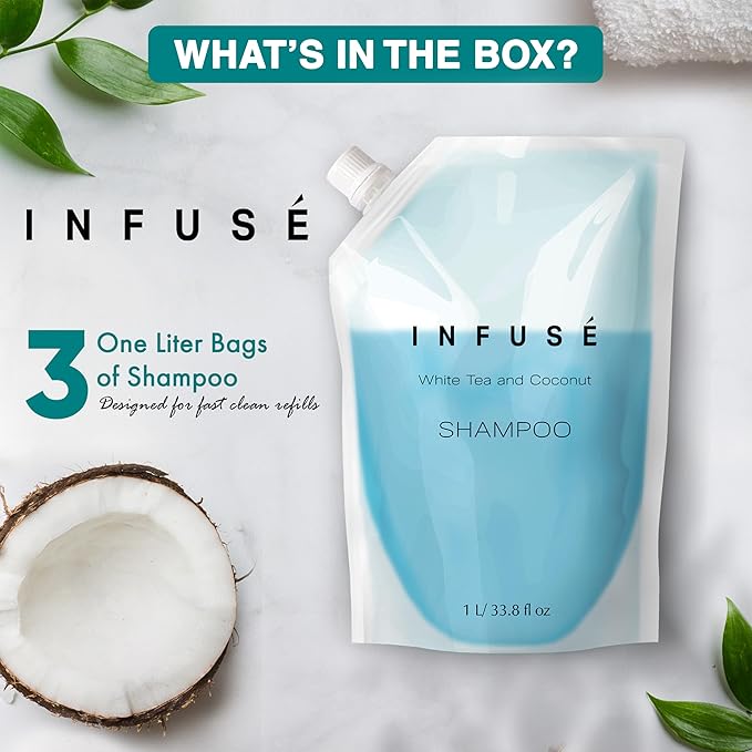 INFUSÉ 1 Liter Shampoo Refill Bag For Soap Dispensers | Bulk Toiletries for Vacation Rentals, and Home Bathroom Showers | White Tea and Coconut | Set of 3