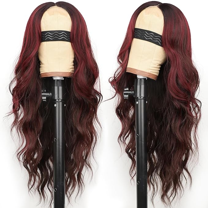 AISI HAIR Wig for Women, Long Wavy Brown Mixed Red Lace Hairline Middle Part Synthetic Heat Resistant Wig for Daily Party-26 Inch