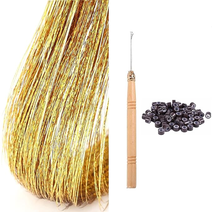 47" Holographic Hair Tinsel KIt Shining Gold Professional Sparkle Heat-Resistant Silk Extensions, Easy to Apply, Hair Accessories for Girls, Party Hair, Gifts for Girls (1000 Strands, Shining Gold)