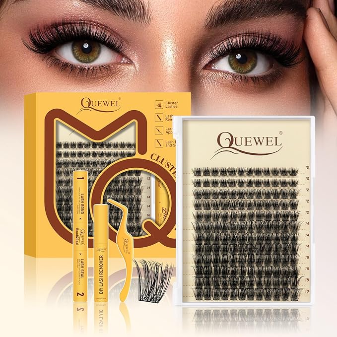 QUEWEL Lash Clusters Kit,144pcs Natural Lash Clusters Kit Mix10-18mm Clear Band Cluster Eyelash Extensions Kit With Lashes Bond and Seal, Lash Tweezers and Remover for DIY Natural Lashes(Elf 02)