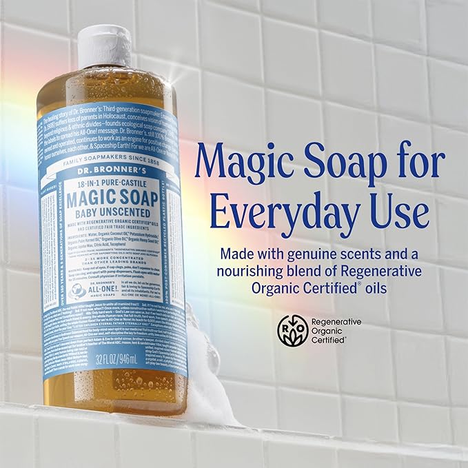 Dr. Bronner's Pure-Castile Magic Liquid Soap - Made with Regenerative Organic Certified Oils - 18-in-1 Uses for Face, Body, Hand Gentle on Baby & Sensitive Skin Body Wash Unscented,32oz