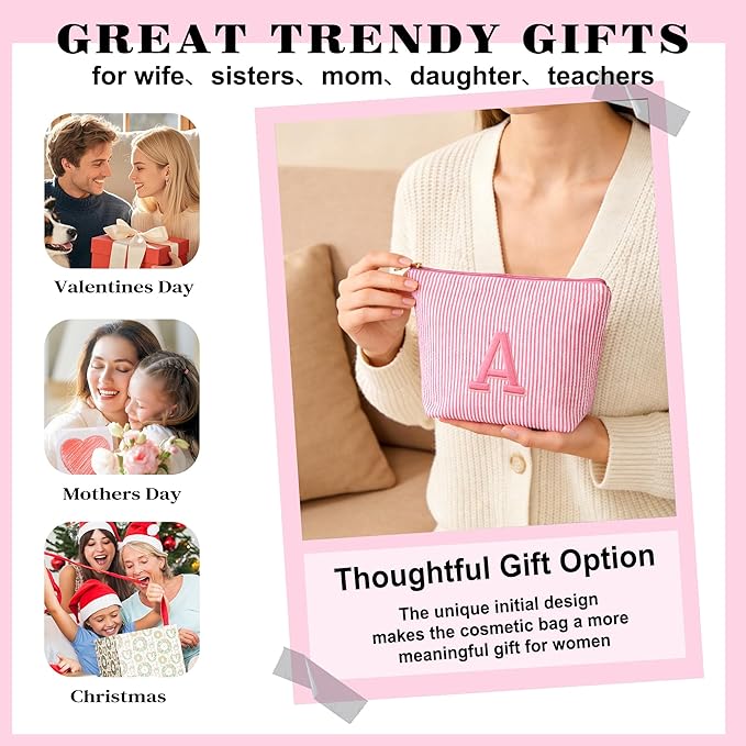 Fohufo Valentines Day Gifts for Her - Travel Initial Makeup Bag for Girls Kids, Teen Girl Gifts Trendy Stuff, 6 7 8 9 10 11 12 Year Girl Birthday Gift, Valentines Day Gift for Her Kids - Letter A
