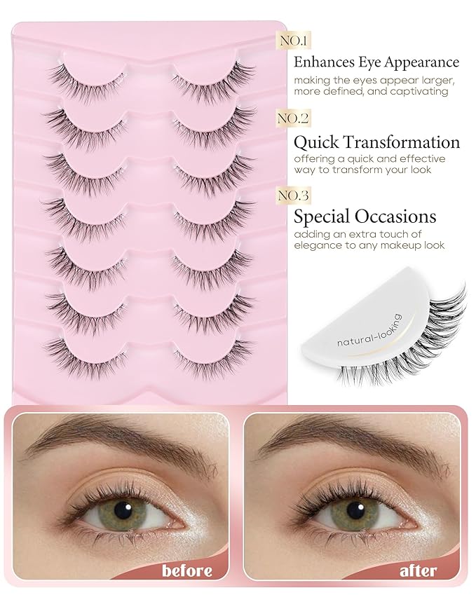Onlyall Short Natural Eyelashes Natural Fake Lashes Clear Band Lashes False Eyelashes Wispy Lashes Natural Eyelashes 12mm Lashes H24