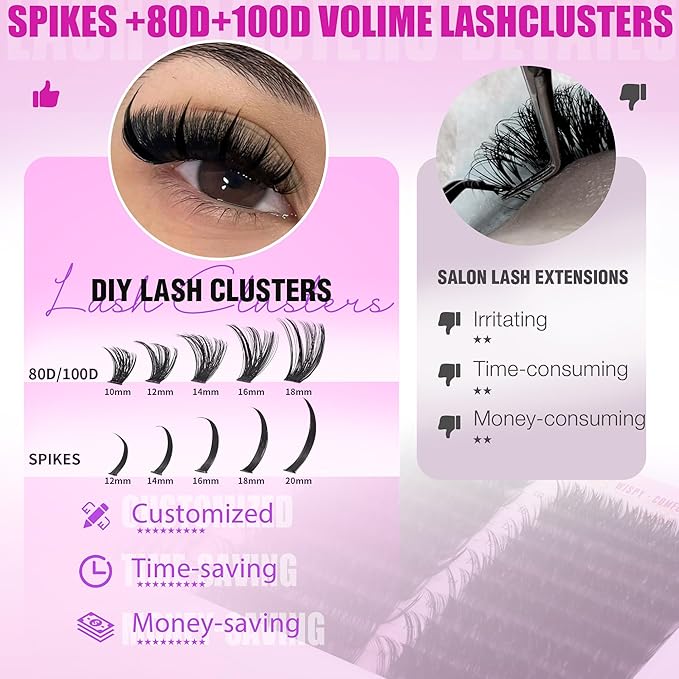 EYDEVRO Lash Clusters with Spikes Wispy Eyelash Clusters 12-20mm Spikes Lash Clusters 10-18mm 80D 100D Volume D Curl Cluster Eyelash Extensions Spiky Cluster Lashes Reusable DIY Lash Extensions
