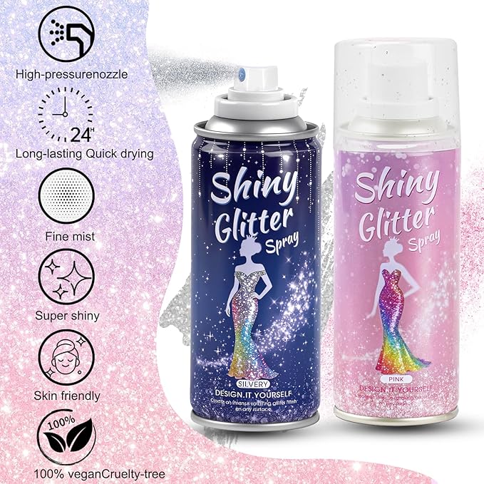 Hair and Body Glitter Spray,Long Lasting Quick-Drying Shimmer Mist for Music Festival Revelry, Nightclub Parties and Balls,Hairspray for Clothes, Face Glitter Spray 4.22 Fl Oz (Silver and Pink)