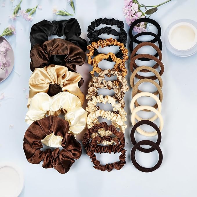 30 Pcs Hair Ties Scrunchies Set for Women - Big Satin Scrunchie for Girls Elastic Hair Bands Small Hair Tie for Thick Thin Hair Ponytail Accessories for Birthday Party Daily Use, Neutral Color