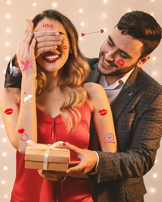 Temporary Tattoos for Lover, 12 Sheets Love Heart Tattoos for Valentines Day Decorations Classroom Girls Boys School Class Bday, 113pcs Pattern for Festivals and Parties (Red - Love)