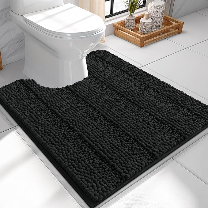 OLANLY Thick Toilet Rugs U-Shaped 24x20, Extra Soft Absorbent Chenille Striped Contour Bathroom Rugs for Toilet, Dry Quickly, Machine Washable, Non-Slip Bath Mat, Black