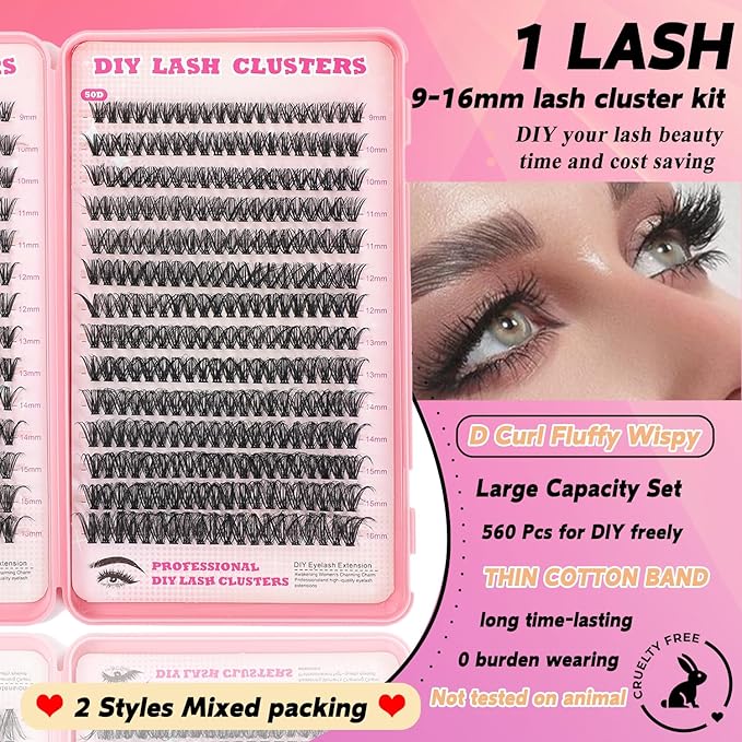 Lash Clusters Kit, 560 Pcs Eyelashes Clusters Kit 9-16mm Individual Lash Extension Kit D Curl Fluffy Wispy False Eyelashes (40D+50D, Lash Clusters)