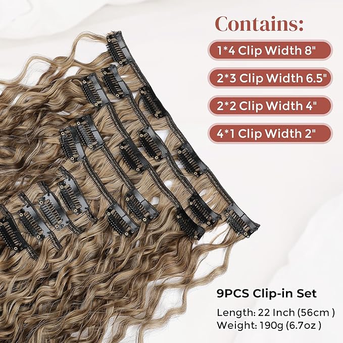 LONAI Hair Extension,9PCS Brown 22" Curly Clip in Hair Extensions LN002 Long Soft Thick Synthetic Hairpieces for Women-Deep Brown with Dirty Blonde