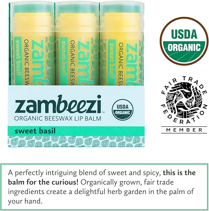 ZAMBEEZI Organic, Fair Trade Beeswax Lip Balm - Sweet Basil 3 Pack - Ethically Sourced