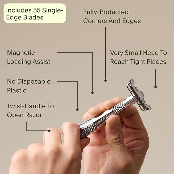 Leaf Thorn Razor by Leaf Shave, All-Metal Single Blade Razor for Men and Women, Fixed Head with Magnetic Load Assist, Includes 5 Stainless Steel Blades - Face Shaving and Coarser Hair - Black