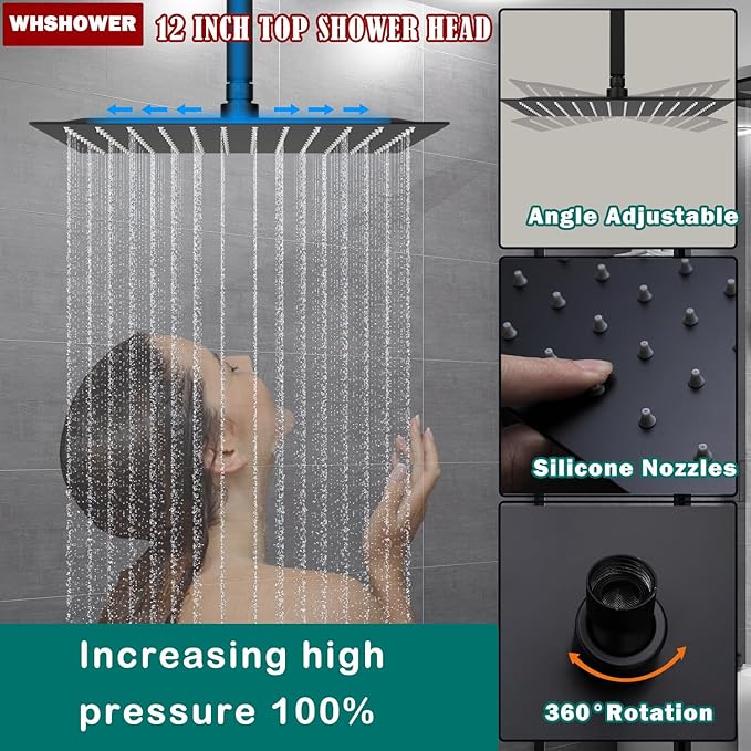 WHSHOWER Rainfall Shower System with 12+8+8" Three Top Shower Heads, Body Jets and Handheld Shower,Matte Black Full Body Shower System with Digital Display Valve