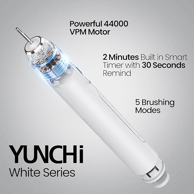 YUNCHI Electric Toothbrush Birthday/Valentine Plastic 8 Heads 24-Mo Deep Cleans Gentle Gums Removes Stains 3Hr USB-C 90d 2-Min Timer/30s IPX7 - White