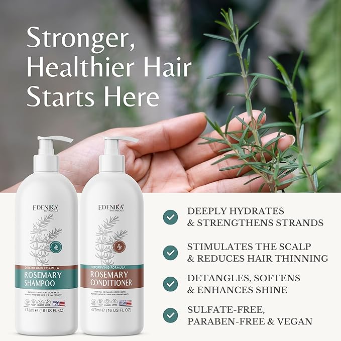 Edenika Botanicals Rosemary Oil Shampoo & Conditioner Set with Biotin for Thinning Hair & Anti-Hair Loss, Strengthening Botanical Formula, Women & Men, Sulfate-Free, Organic, 16 fl oz Each