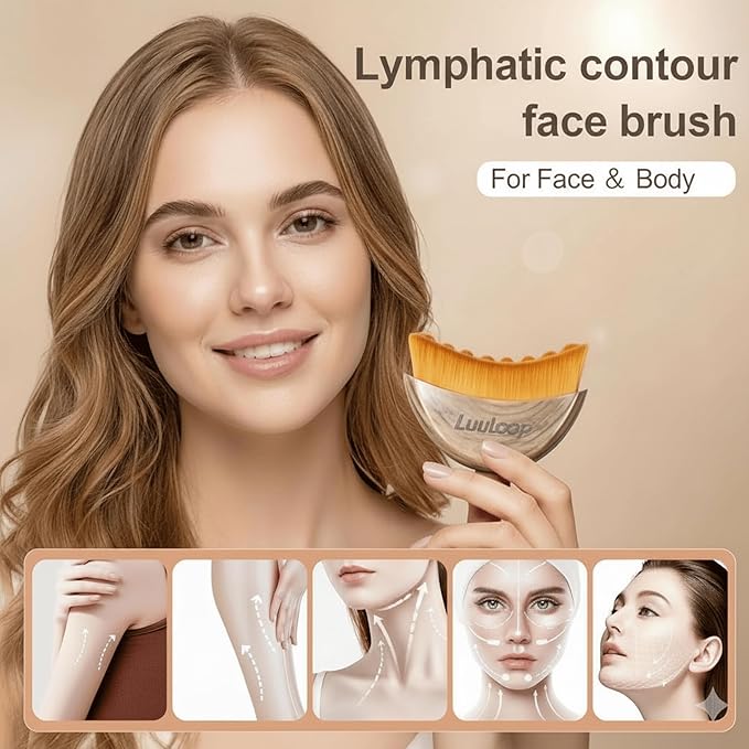 Lymphatic Contour Face Brush for Facial Massage & Sculpting – Manual Lymphatic Drainage Massager with Soft Hypoallergenic Bristles – Natural Makeup & Cleansing Brush, Ergonomic Handle