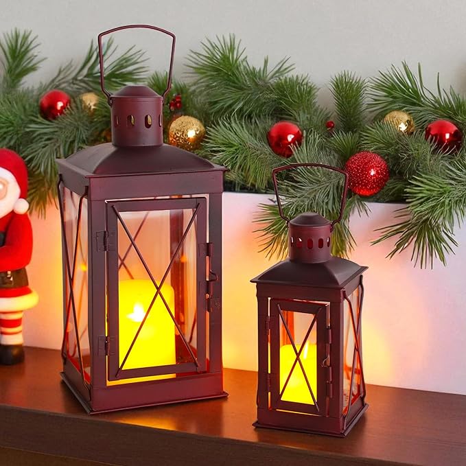 TRIROCKS Set of 2 Decorative Candle Lantern 14 & 10'' High Metal Candle Holder Hanging Lantern Perfect for Home Decor Patio Living Room Parties Events Tabletop Indoors Outdoors (Red)