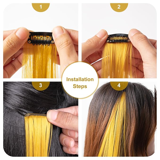 Colored Hair Extensions 14 PCS, 22 In Dream Rainbow Clip in Hair Extensions Party Highlights, Colorful Long Straight Synthetic Hairpieces for Cosplay Women Kids Gift(Gold)