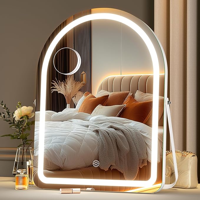 MINISO Vanity Mirror with Lights-14" x 18" Arched Makeup Mirror with 3 Color Lights, Adjustable Brightness, 10X Magnification