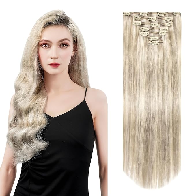 Clip in Hair Extensions Real Human Hair, Remy Hair Extensions Clip In Human Hair Thick and Silky, Ash Blonde Highlighted Platinum Blonde #P17A/60A 20Inch 120G 7PCS