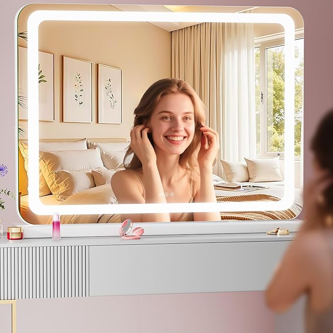 Vanity Mirror with Lights, 28" x 20" LED Makeup Mirror with 10X Magnification, Dimmable 3 Modes, Memory Function, Smart Touch, USB Charging Port, Lighted Makeup Mirror Round White