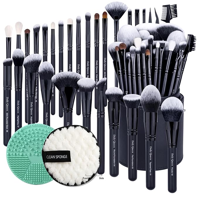 Daily Queen 29pcs Black Professional Makeup Brush Set Kabuki Powder Concealers Eye shadows Blush Eyeliner Eyebrow Contour Eye blending Brushes (29pcs brush +barrel+brush cleaner+face cleaner)