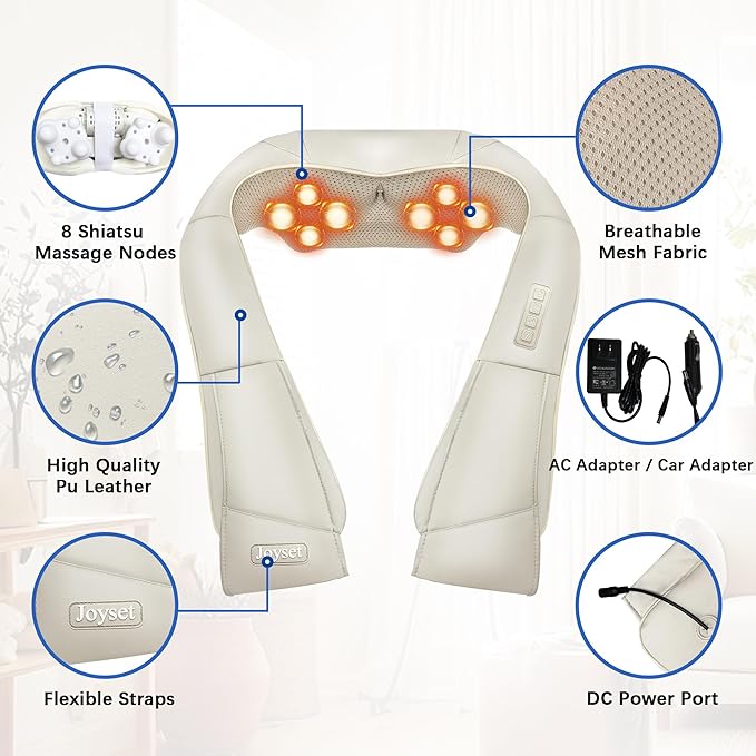 Joyset Shiatsu Neck and Back Massager with Heat,Electric Shoulder Massager for Pain Relief Deep Tissue,3D Kneading Massage with Cloth Cover Easy to Clean (Khaki)