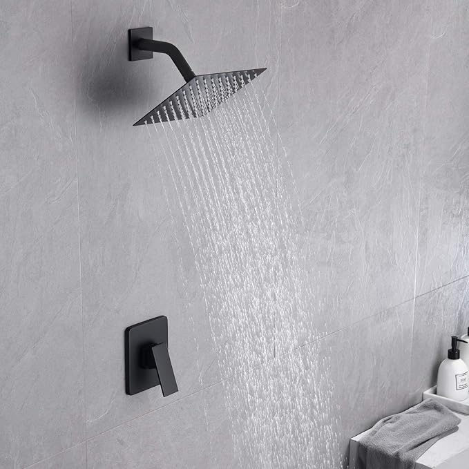 SUMERAIN Bathroom Matte Black Shower Faucet Set 8 Inch Rain shower Head Single Handle Shower Trim Kit with Rough-in Valve