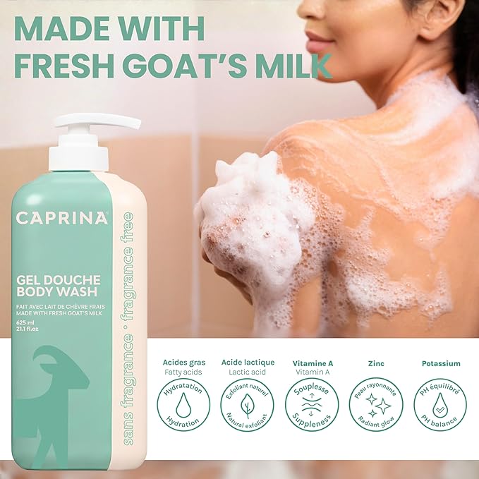 Caprina Fresh Goat’s Milk Body Wash, FRAGRANCE FREE, 625 ml, Moisturizing Cleanser for Normal Skin, Gentle Daily Hydration