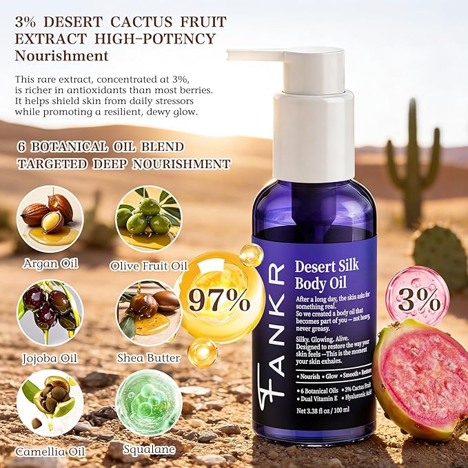 Desert Silk Body Firming Oil for Women – Dual-Phase Technology for Instant After-Shower Absorption, 72H Glow & Firming Moisturizing Formula with 6 Botanical Oils, 3% Cactus Fruit & HA, 3.38 fl oz