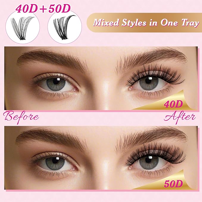 DIY Lash Extension Kit 280Pcs Individual Eyelash Extension Kit 40D50D 0.07D Curl 9-16MIX Lash Clusters Kit with Lash Glue Remover Applicator Easy to Use for Beginners