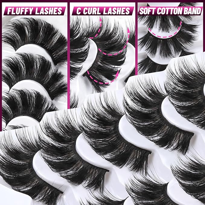 Veleasha False Eyelashes Long Faux Mink Lashes Fluffy Handmade Fake Eyelashes Natural Look 7 Pairs Pack Luxury Cat Eye Lashes (800)