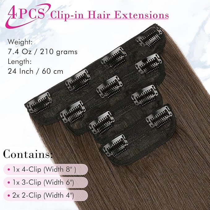 REECHO Brown Hair Extensions, 4PCS Clip in Hair Extensions, 24" Thick Long Straight Hairpieces for Women, Light Chocolate Brown