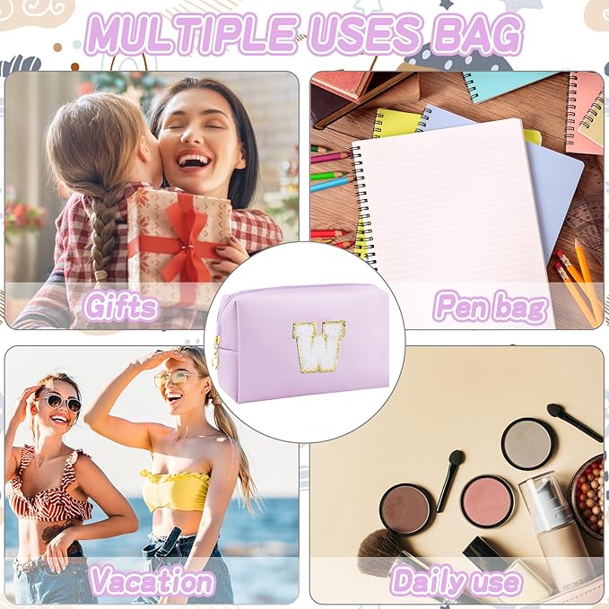 URSKYTOUS Gifts for Girls Initial Makeup Bag Personalized Cosmetic Bag with Zipper Cute Travel Toiletry Bag Waterproof PU Preppy Makeup Pouch Birthday Gift for Teen Girls Women(Purple W)