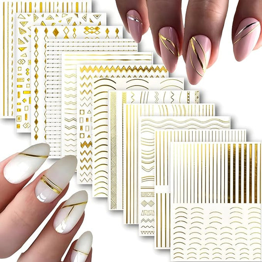 12 Sheets Gold Nail Stickers for Nail Art 3D Self Adhesive Line Nail Decals Gold Nail Art Stickers Gold Stripe Wave Nail Design French Nail Supplies for DIY Manicure Decoration for Women