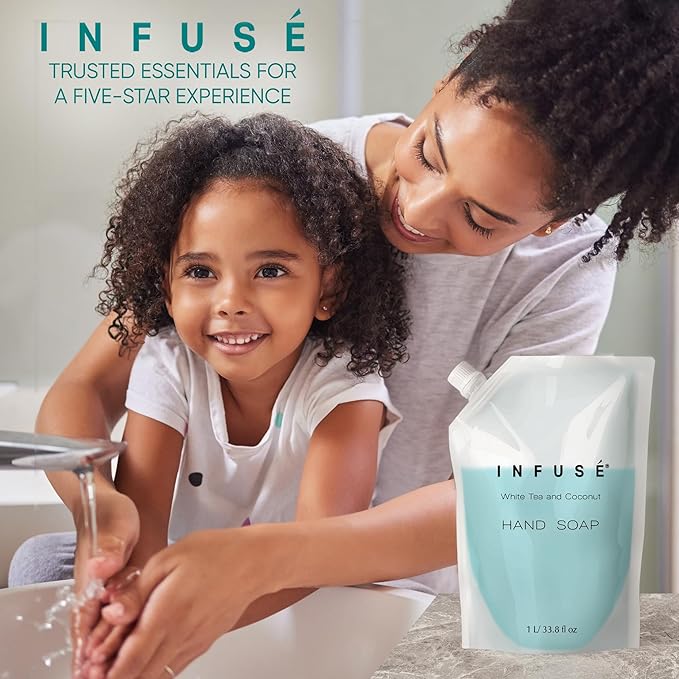 INFUSÉ 1 Liter Hand Wash Refill Bag For Soap Dispensers | Bulk Toiletries for Vacation Rentals, and Home Bathroom Showers | White Tea and Coconut | Set of 12