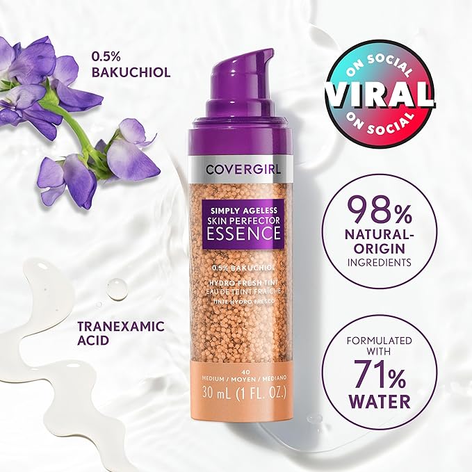 Covergirl Simply Ageless Skin Perfector Essence Foundation, 70 Rich, Tinted Skincare Makeup Hybrid, Sheer Tint, Radiant Finish, Glowy Finish, Vegan Formula, 1.0oz