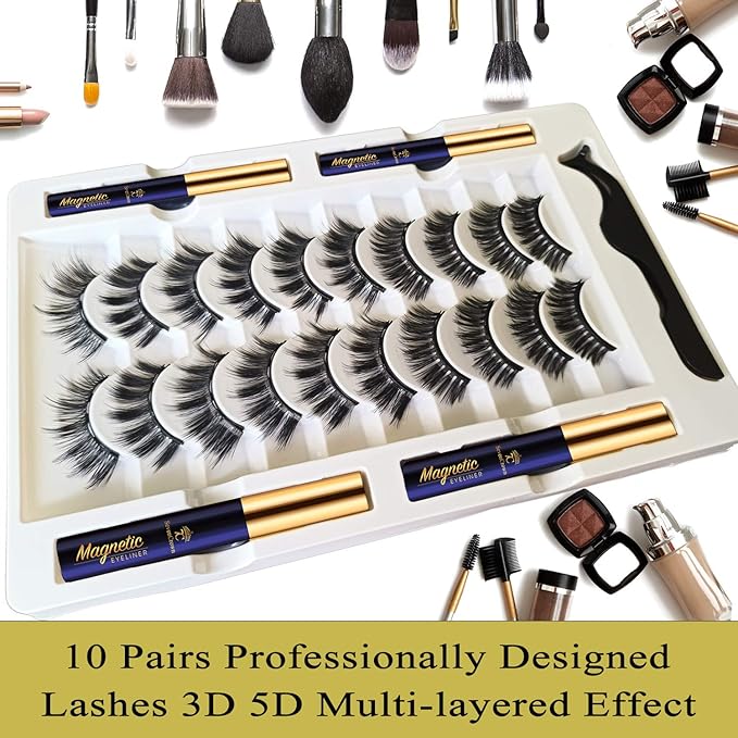 10 Pairs Magnetic Eyelashes Magnetic Lashes with Applicator.Upgraded 4 Tubes of Liner Waterproof, Long Lasting, 3D Natural Look,Reusable False Faux Lashes Easy to Apply.
