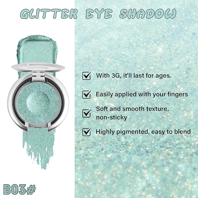 Glitter Eyeshadow,Multichrome Holographic Green Shimmer Eye Shadow,Chameleon High Pigmente Sparkly Shadows Palette，Iridescent Metallic Eye Highlighter，Makeup for Rave，LongWear,03#