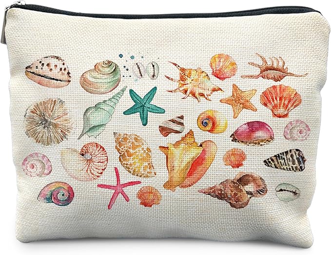 RYYCDOI Coastal Beach Makeup Bag, Ocean Beach Themed Gifts Cosmetic Bags for Women, Gifts for Ocean Lovers, Colorful Seashell Starfish Beachy Zipper Makeup Pouch