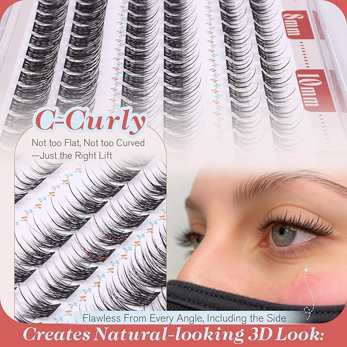 Natural Lash Clusters 8-10-12MM Short Cluster Eyelash Extensions C-curly DIY Lash Extension Eyelash Clusters Ultra Thin Lash Band Individual Lashes for Clean Girl Makeup by Newcally