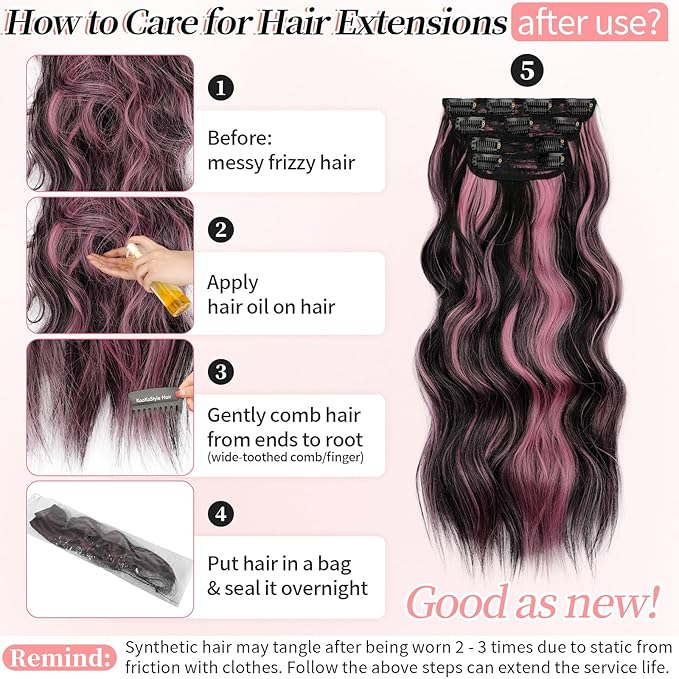 KooKaStyle Clip in Hair Extensions 4PCS Long Wavy Natural & Soft Hairpieces for Women 20 Inch for Women(Natural Black Pink)
