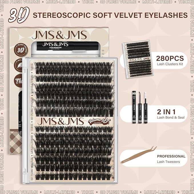 JMS&JMS Lash Clusters Kit 3D Effect Lash Extension Kit 80D 100D Fluffy Lash Clusters D Curl Lash Lift Kit with Lash Bond and Seal Waterproof, Lash Applicator, Thick False Eyelashes Kit (10-18MIX)